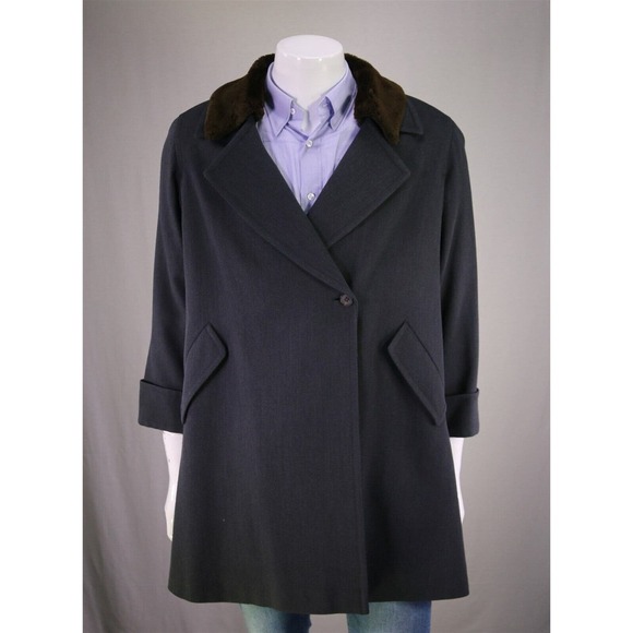 Paul Stuart Vintage Gray Twill Wool Overcoat w/ Faux Fur Collar Ladies Medium - Picture 1 of 8